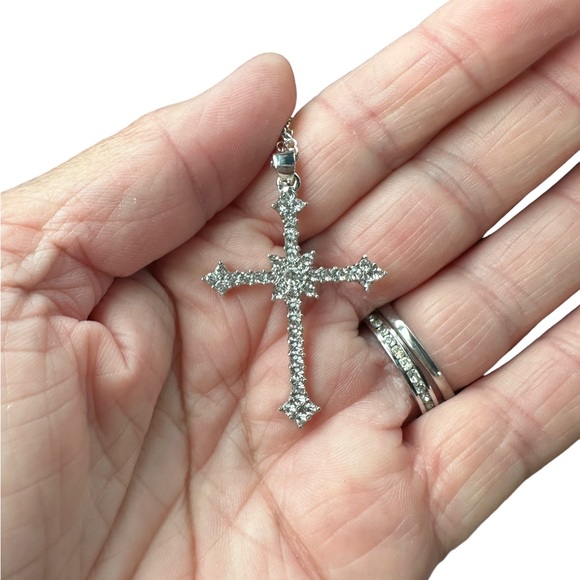 Silver Trendy Cross Pendant Necklace with Rhinestones - Picture 1 of 6